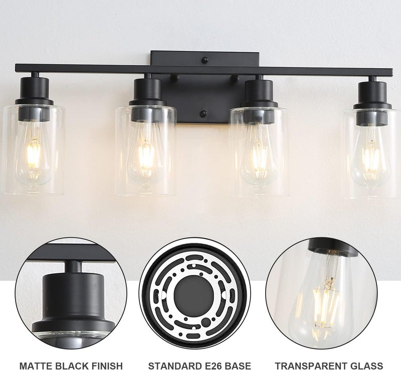 EMONG 4 Light Bathroom Vanity Light 23.6in Matte Black Bathroom Light Fixtures with Glass Shade Modern Wall Sconces Lighting for Bathroom Mirror Farmhouse Hallway - Image 3